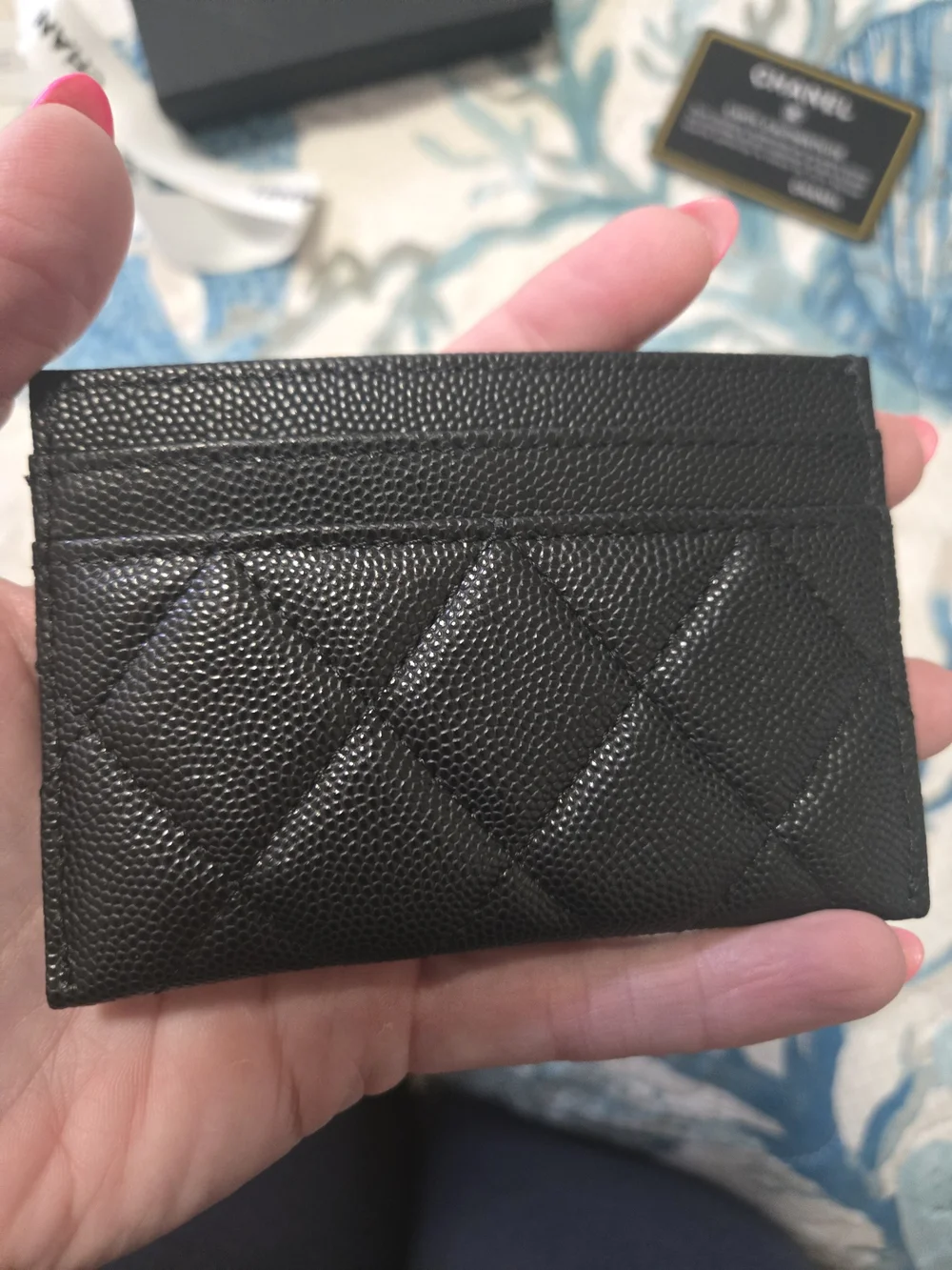 CHANEL Black Quilted Card Case with Rhinestone CC